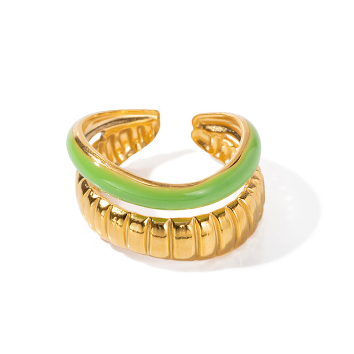 Fashionable 18K Gold Plated Stainless Steel Green Enamel Double Layer Ring