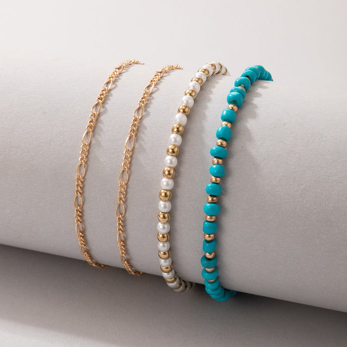 Bohemian Blue Bead Anklet Four-Piece Set with Ethnic Chain Anklet