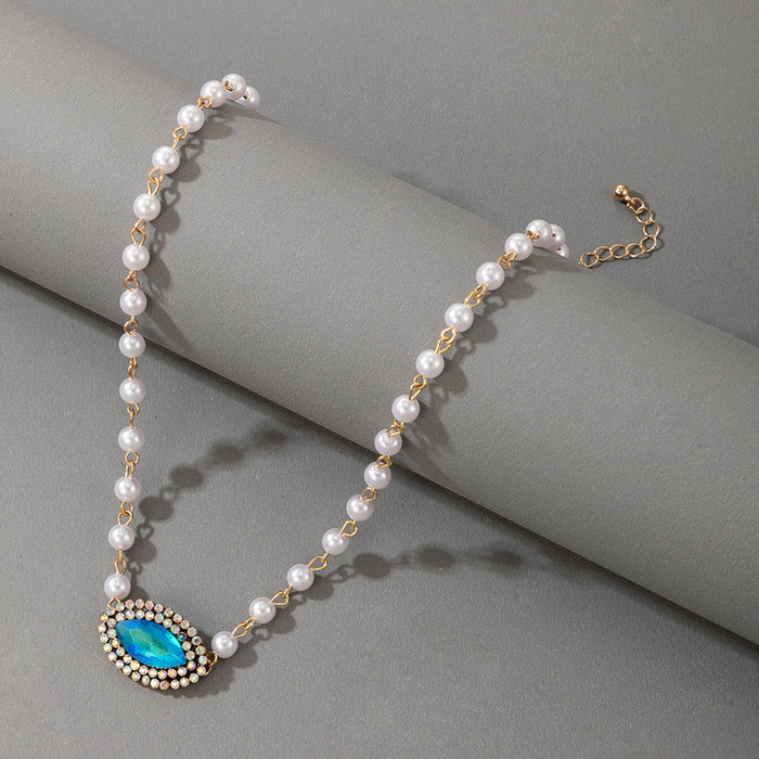 Blue Eye Diamond Single Layer Necklace with Pearl Bead Clavicle Chain