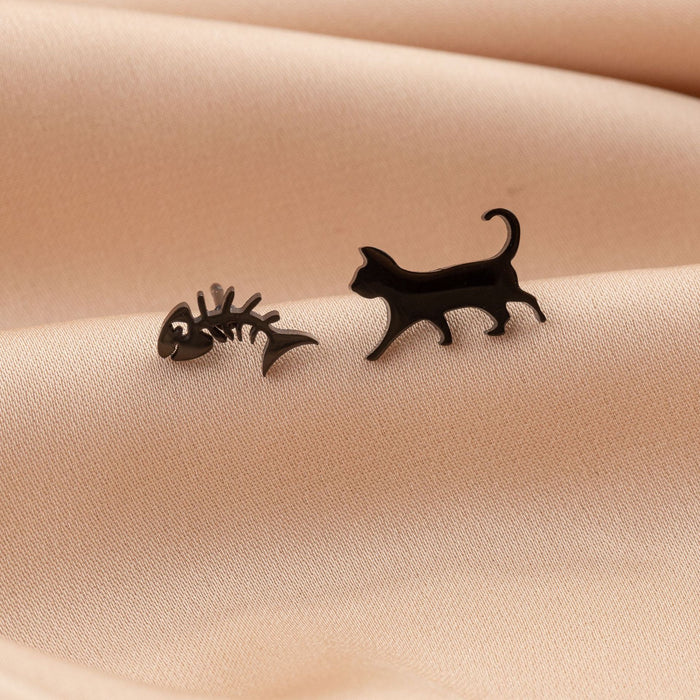 Cat and Fishbone Asymmetric Stud Earrings - Cute and Playful Animal Jewelry