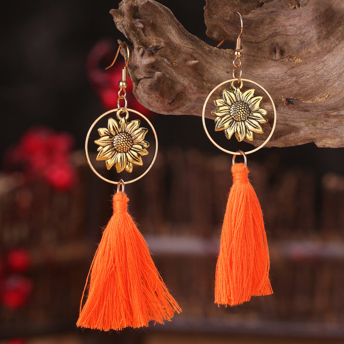 Bohemian Metal Sunflower Tassel Earrings with Geometric Bridal Design