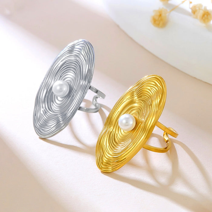 Wholesale stainless steel and titanium steel textured imitation pearl geometric rings