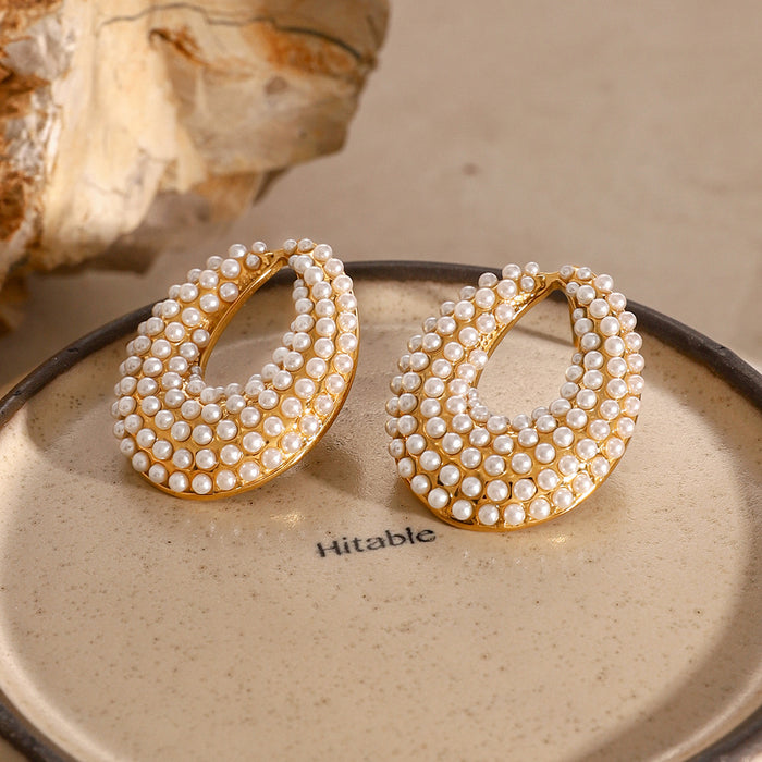 18K Gold Stainless Steel Pearl Earrings - High-End INS Style Plated Titanium Steel Jewelry