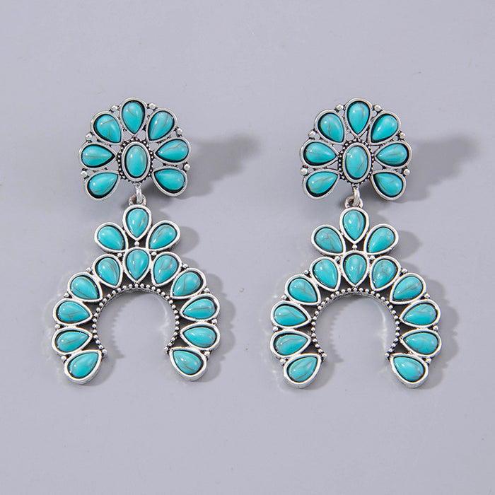 Turquoise earrings vintage fan-shaped hollow earrings