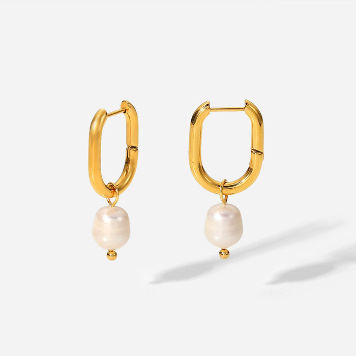 18K Gold Plated Stainless Steel Freshwater Pearl Hoop Earrings - Fashionable Pendant Jewelry