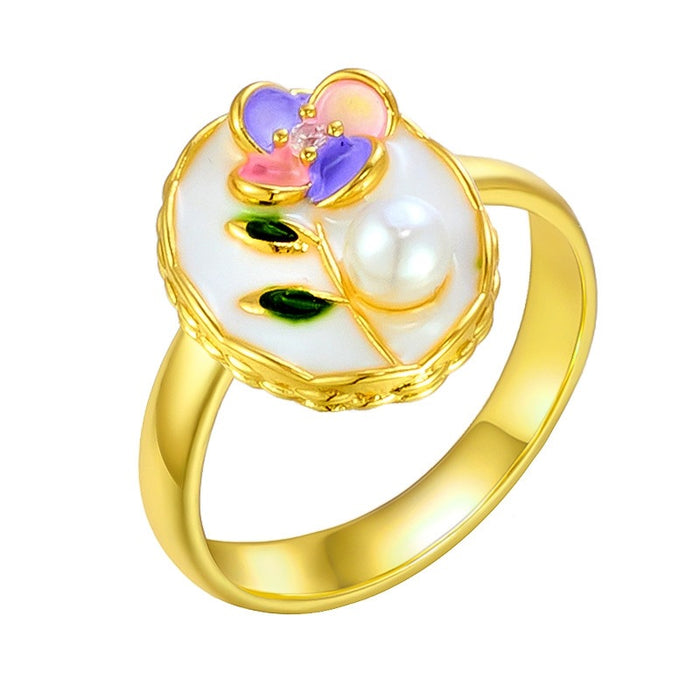 Wholesale copper micro-inlaid enamel painted drip flower open ring