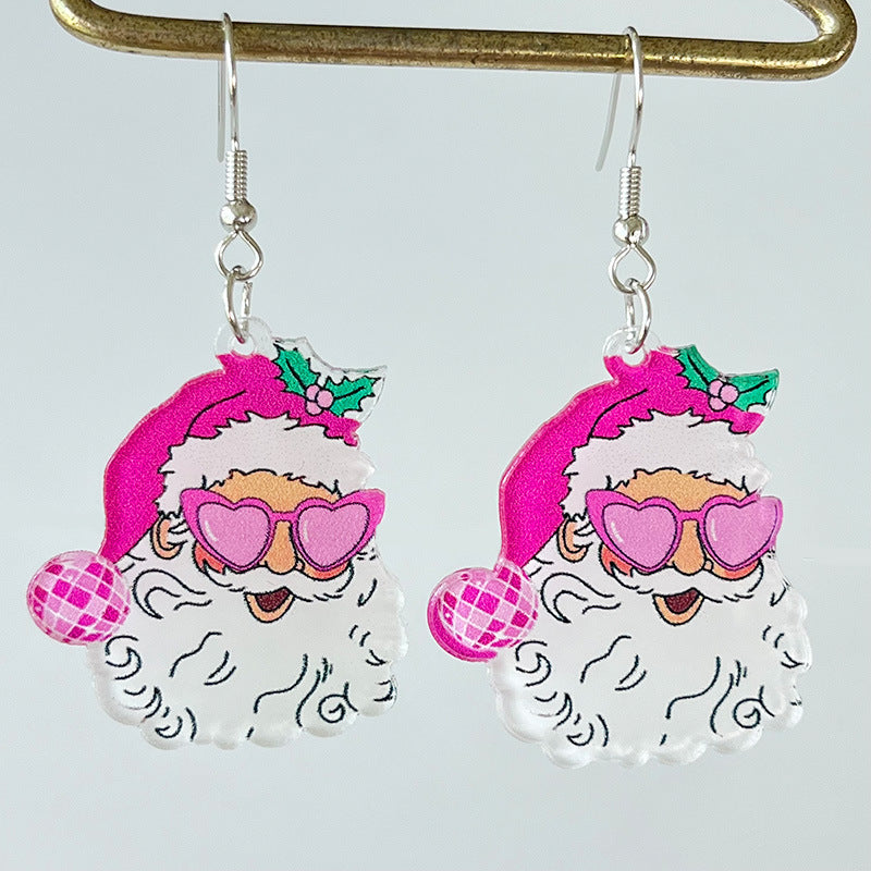 Pink Acrylic Christmas Santa Claus Christmas Tree Rugby Lightning Earrings - wallojewerly 