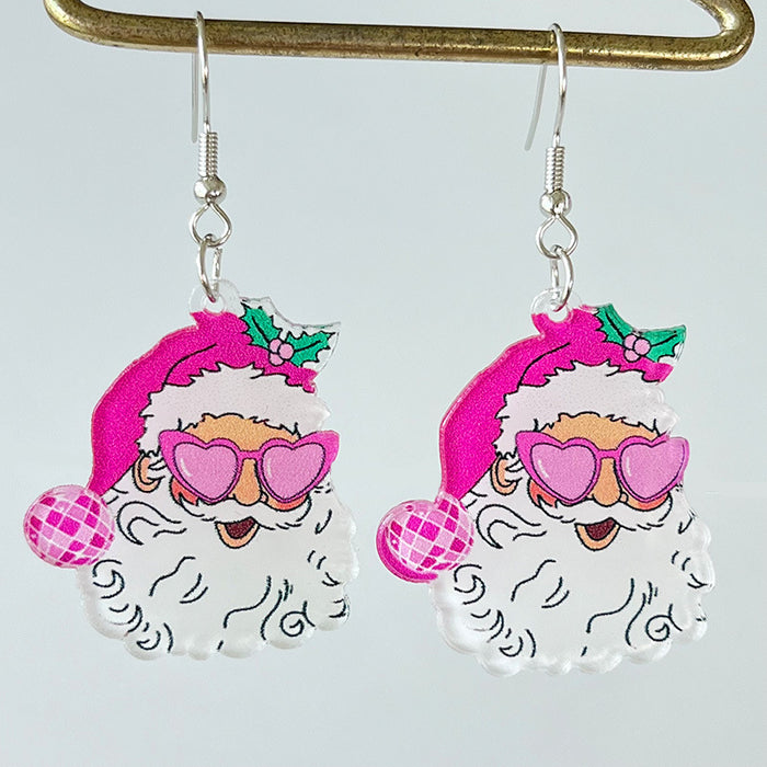 Pink Acrylic Christmas Santa Claus Christmas Tree Rugby Lightning Earrings - wallojewerly 