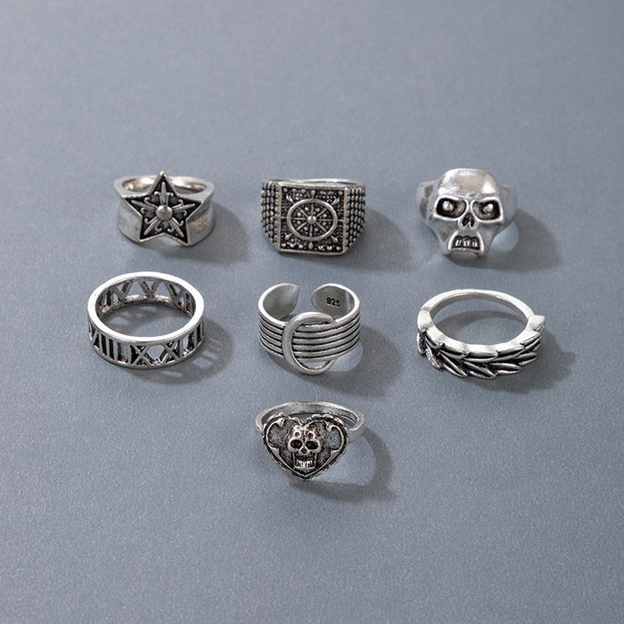 Punk style skull pentagram heart Halloween seven-piece ring