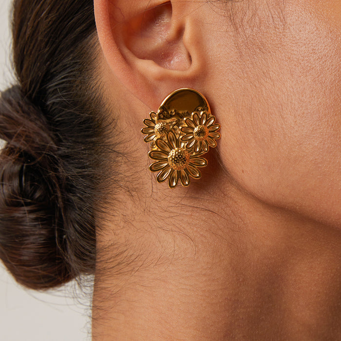 18K Gold Stainless Steel Daisy Earrings - Floral Design Luxury Jewelry