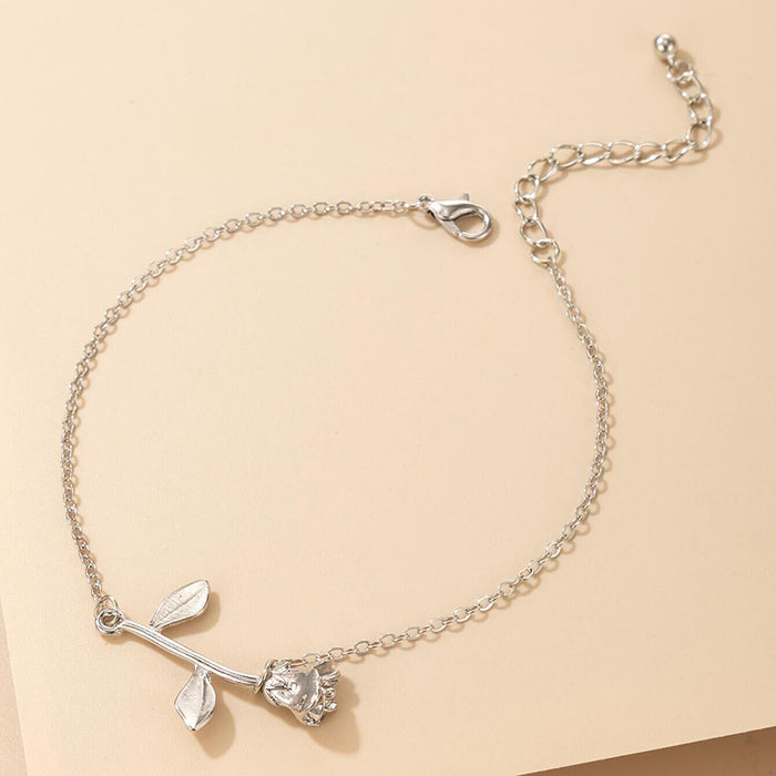 Rose Flower Single Layer Anklet with Geometric Floral Chain