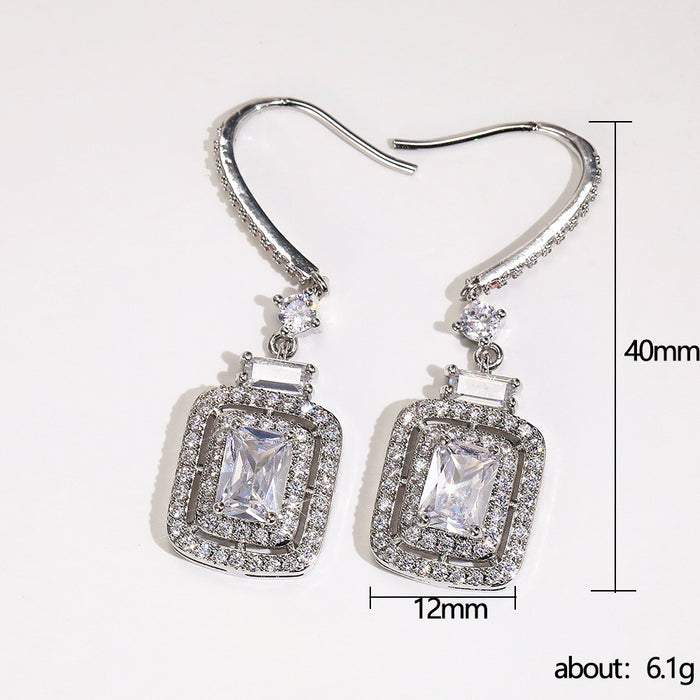 Square diamond and zircon ear hooks in white gold inlaid princess earrings