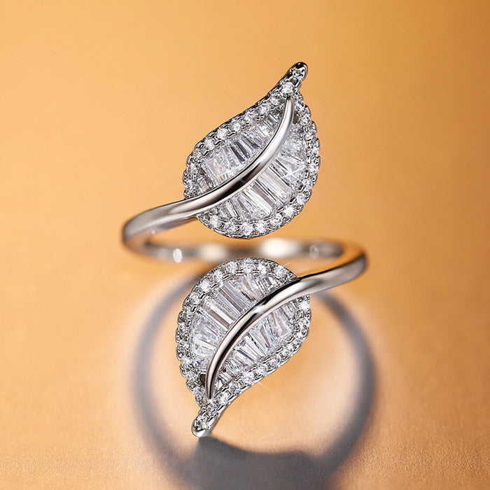 Leaf-shaped open ring, fully inlaid with zircon leaf ring, cross-border hot-selling jewelry