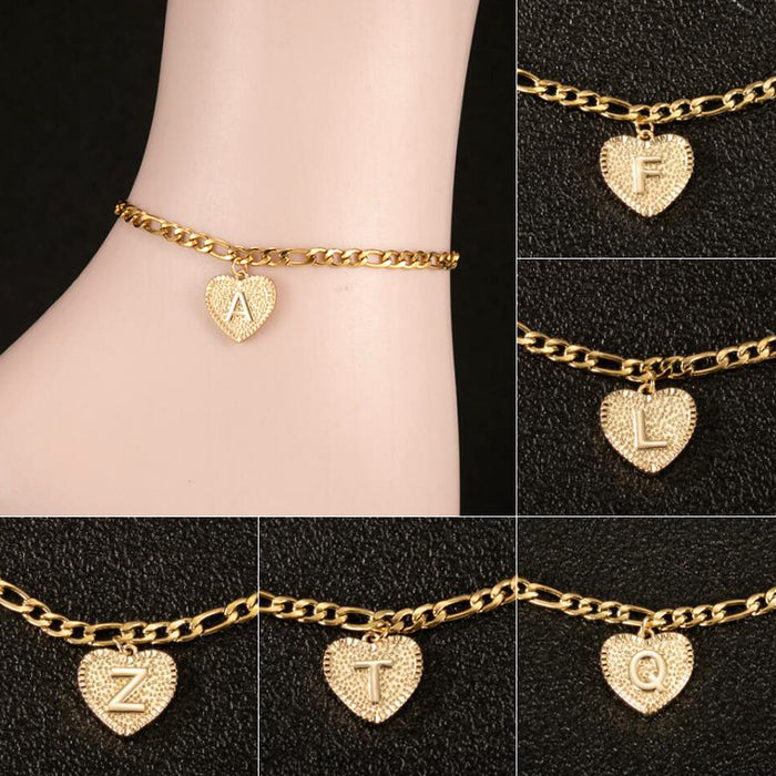 Geometric love pendant anklet, 2024 cross-border new stainless steel 26 English letters simple beach anklet