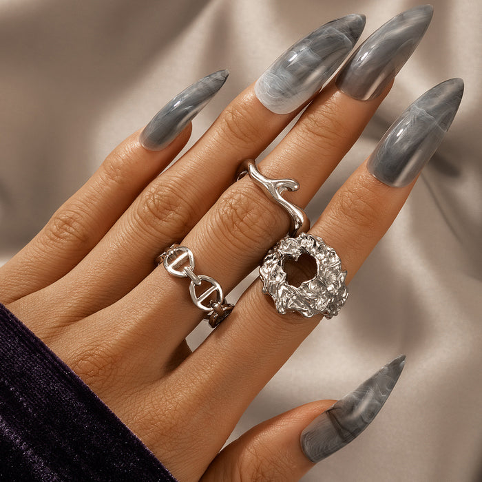 Geometric imitation chain silver ring 3-piece set