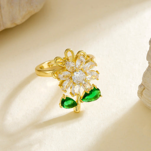 Wholesale sunflower-shaped rotating open ring with zircon setting - wallojewerly 