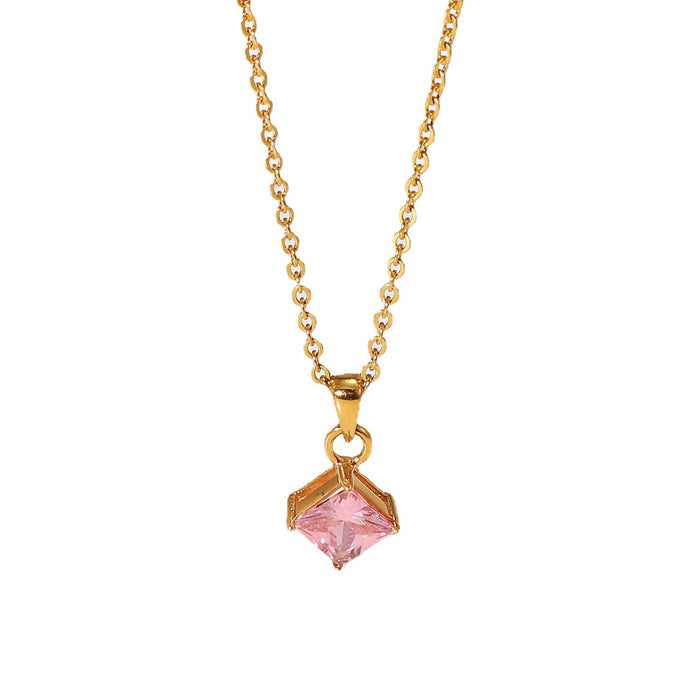 Collar moderno de acero inoxidable bañado en oro de 18 quilates con colgante de circonita en forma de rombo rosa, joyería popular para mujeres