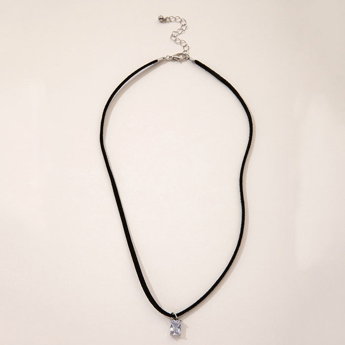 Black Rope Choker Necklace with Square Pendant - Simple and Versatile Accessory