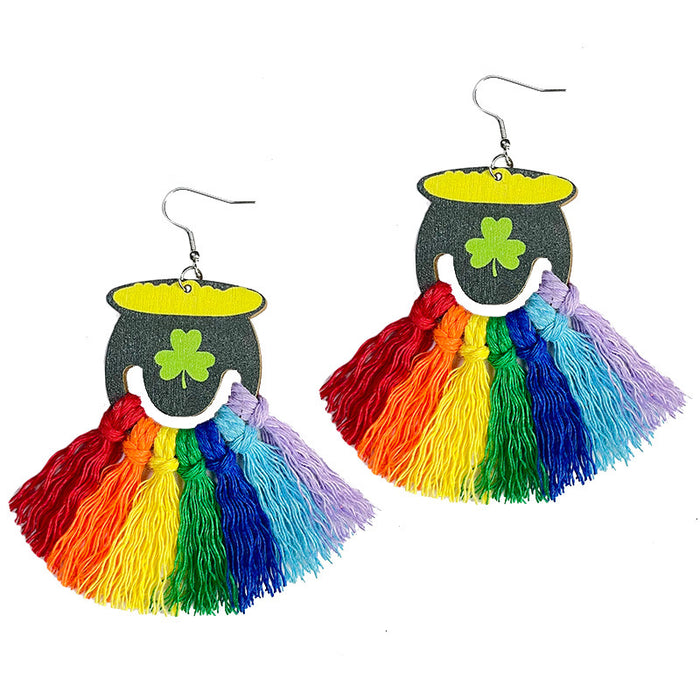 St. Patrick's Day Tassel Earrings with Rainbow and Clover Design