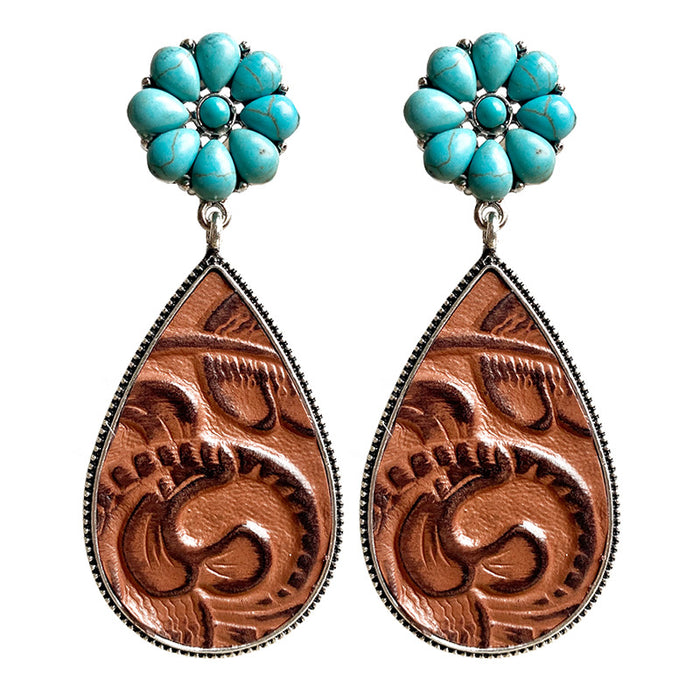 Western Embossed Leather Earrings with Bohemian Floral Turquoise and Pumpkin Flower Design