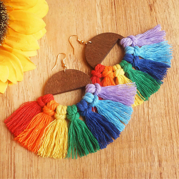 Handwoven Wooden Rainbow Tassel Earrings in a Baroque Style with Colorful Large Pendants