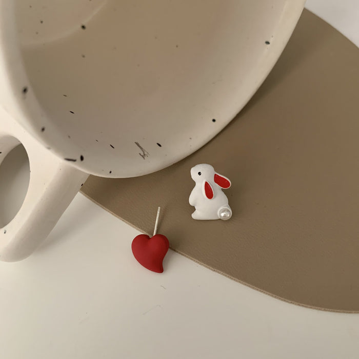 Funny and cute little white rabbit earrings | S925 silver needle asymmetrical earrings