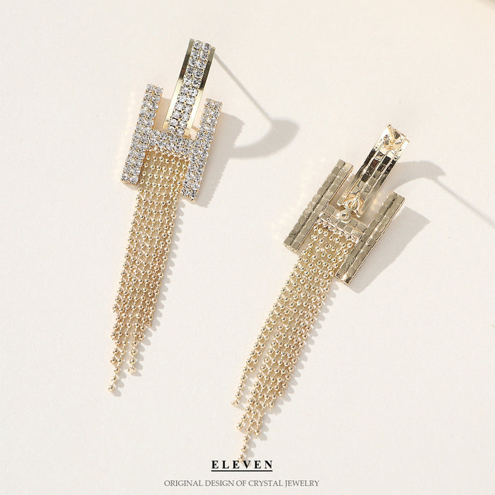 Pendientes de borlas con cadena en forma de H brillantes: colgantes de diamantes de imitación para una fiesta con un estilo elegante