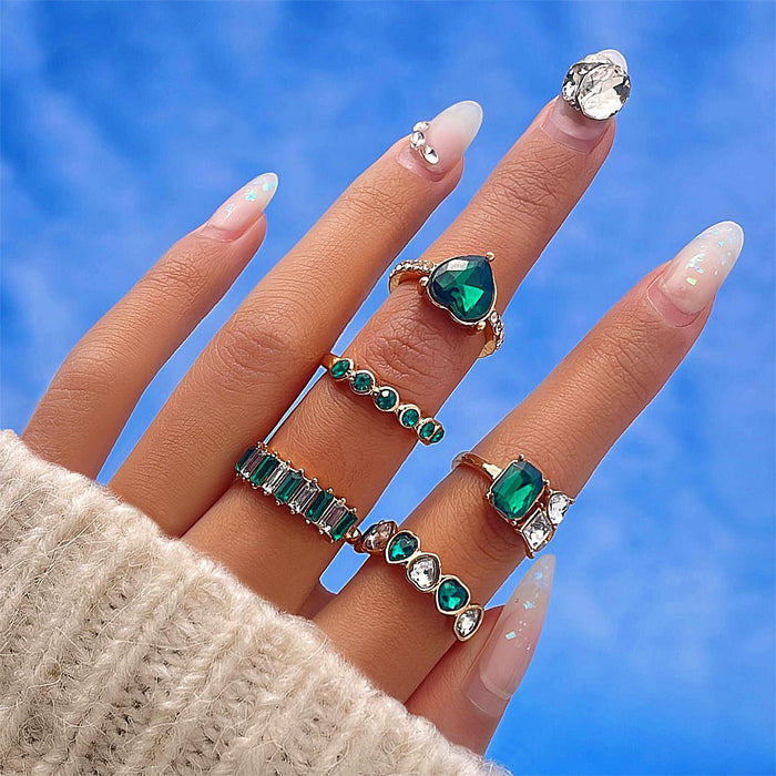 Vintage Emerald Crystal Gemstone Ring Set - 5pcs Geometric Versatile Rings