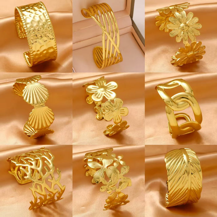 Wholesale 304 Stainless Steel Wide Open Cuff Bracelets with Irregular Shapes, Striped Textures, and Floral/Scallop Embossing