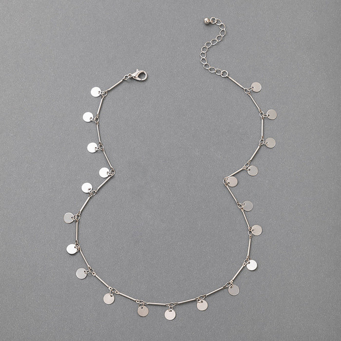 Metal Electroplated Small Round Disc Single Layer Necklace with Geometric Clavicle Chain