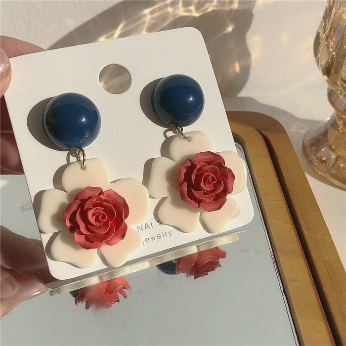 Contrast color flower earrings | Retro Hong Kong style rose elegant ear clips