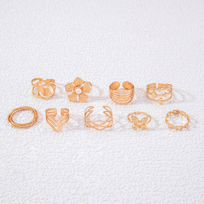 Vintage Alloy Smooth Butterfly Moon Ring Set - 9pcs Unique Flower Rings