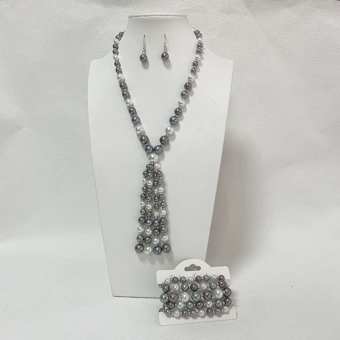 Wholesale glass pearl tassel necklace, bracelet, and earring sets - wallojewerly 