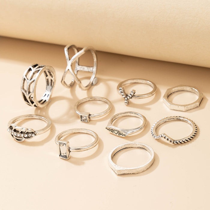 Vintage Diamond Leaf Letter Y Ring 10-Piece Set