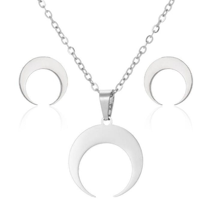 Moon Crescent Stainless Steel Jewelry Set - Geometric Simple Necklace and Earrings