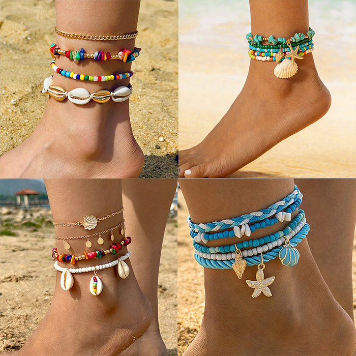 Juego de tobilleras con cuentas de estrellas de mar y conchas bohemias - Pulseras de tobillo Beach Vibes