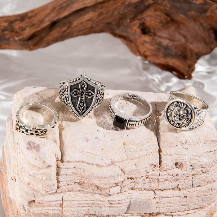 Punk Style Cross Wing Ring Set – Unique Bold Eye & Eagle Men's Rings, 4-Piece Collection