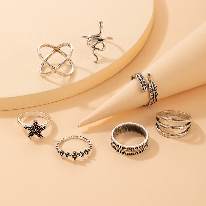 Vintage cross starfish feather ring, geometric snake element flower seven-piece set