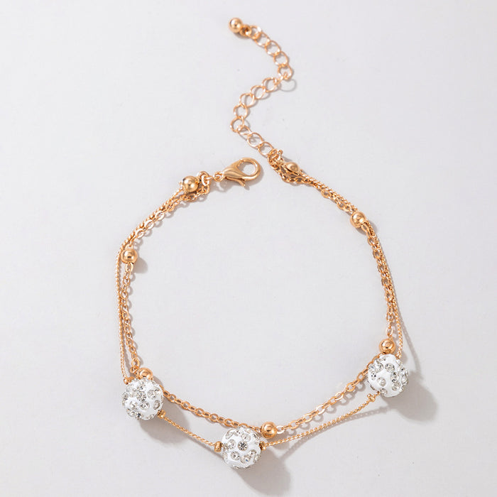 White Beaded Anklet with Alloy Round Beads and Geometric Chain Design