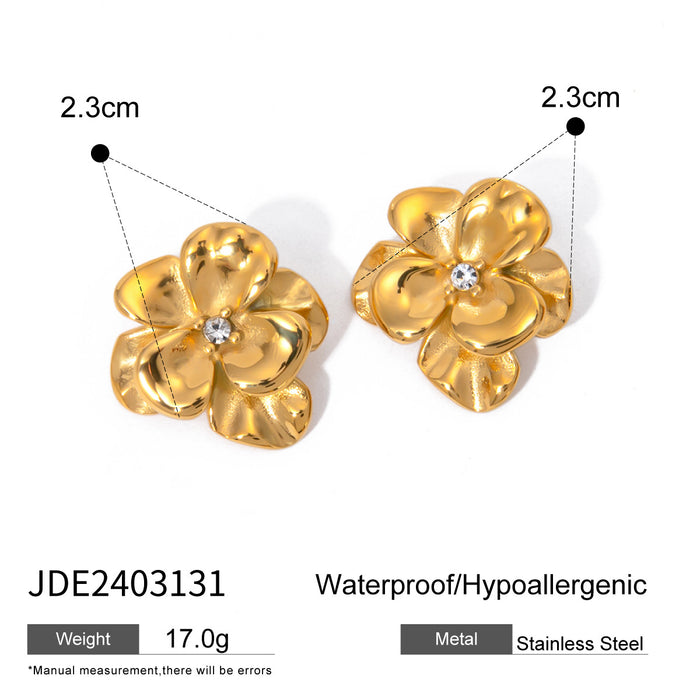 French Style Metallic Flower Earrings - Elegant 18K Gold Titanium Steel Jewelry