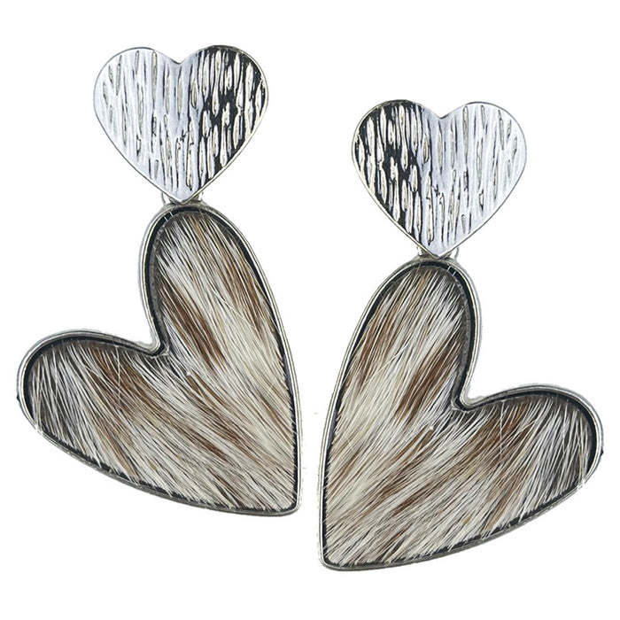 Metal Double Heart Earrings with Cow Print and Leopard Print Leather Design