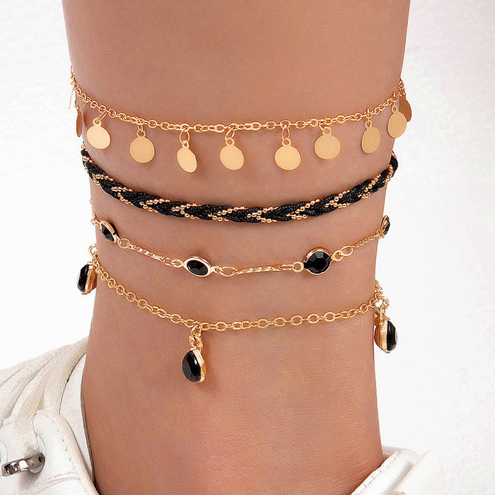 Black String and Beaded Multi-Layer Anklets - Boho Beach Foot Jewelry Set