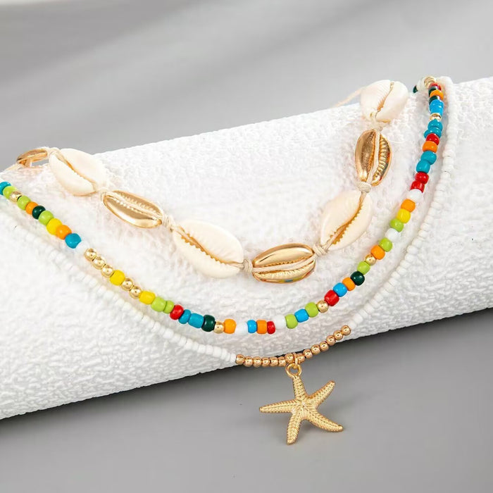 Collar de cintura con cuentas de arroz y conchas estilo playa, conjunto con colgante de estrella de mar