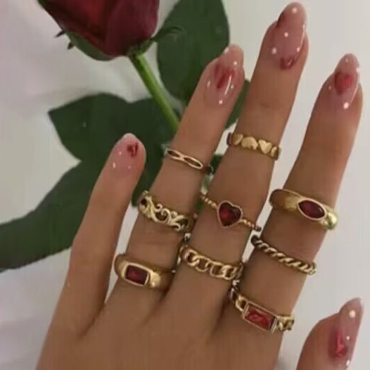 Vintage Faux Ruby Heart Ring Set – Creative Peach Heart Diamond Chain Rings, 9-Piece Collection