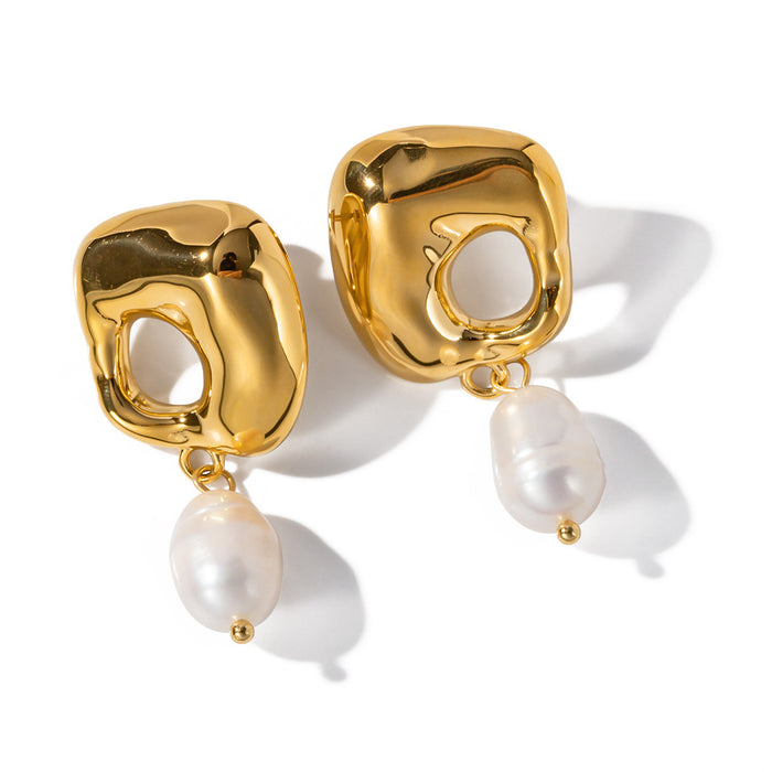 18K Gold Stainless Steel Pearl Earrings - Irregular Pendant Design Jewelry