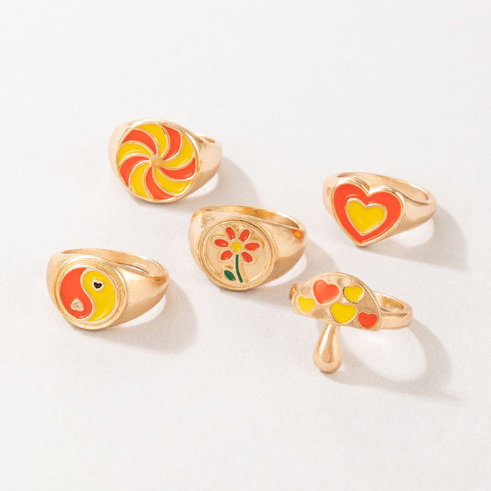 Juego de 6 anillos estilo pastoral con forma de hongo y tai chi en forma de corazón naranja