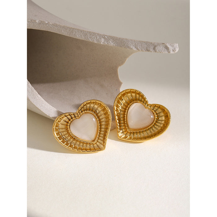 18K Gold Stainless Steel Heart Earrings - White Cat's Eye Stone Design Jewelry