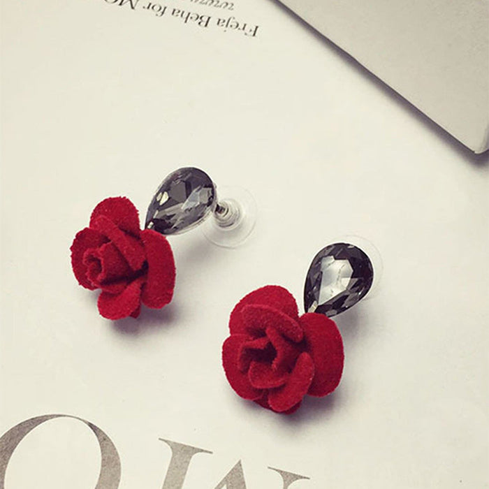 Red rose earrings fashion diamond floral earrings