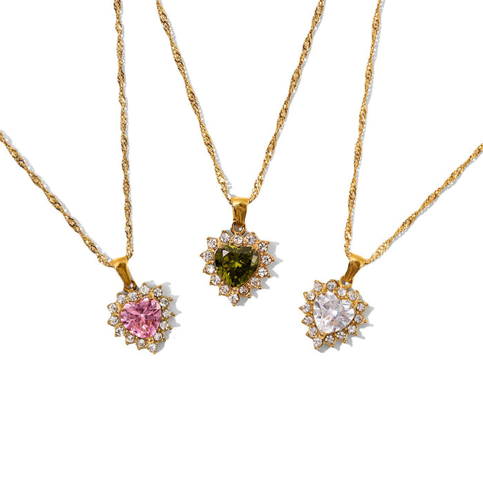 Heart Zircon Necklace for Women - 18K Gold-Plated Stainless Steel with Green, Pink, and White Zircon Pendants