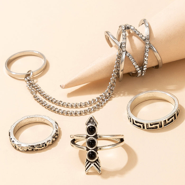 Diamond chain vintage arrow ring 4-piece set